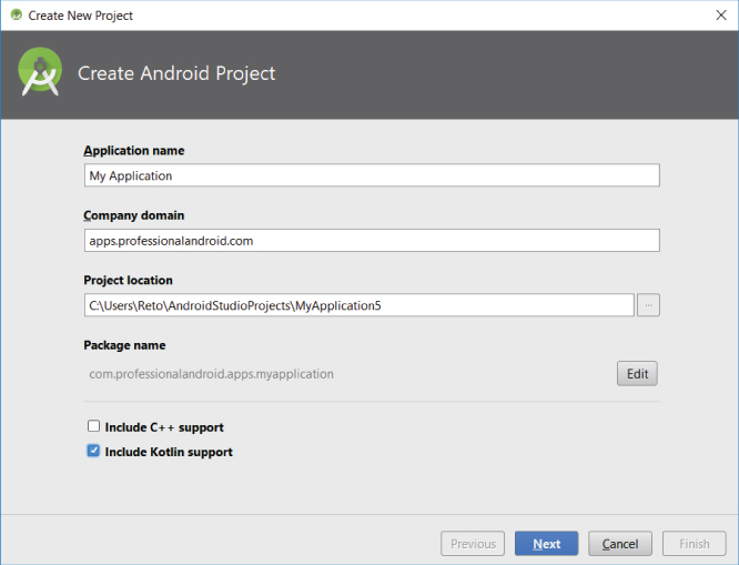 Create New Project Wizard with a checked box for Include Kotlin support and entry fields labeled My Application under Application name; apps.proffesionalandroid.com under Company domain; etc.